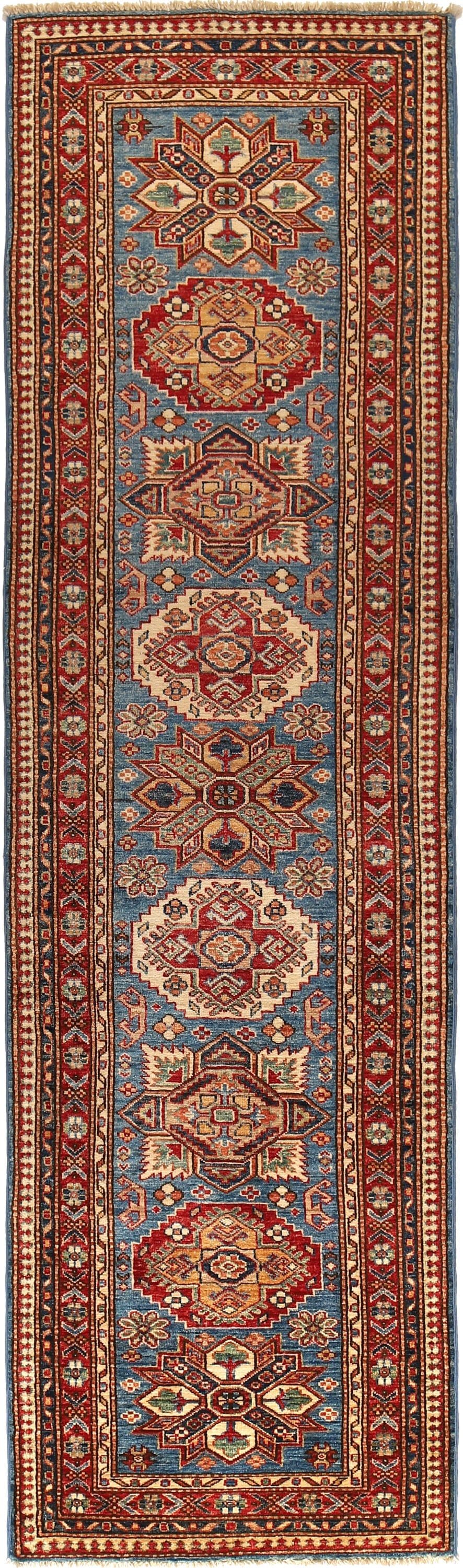 Hand-Knotted 2.7 x 9.5 Super Kazak Runner Rug in Blue Wool: Hand-Knotted 2.7 x 9.5 Super Kazak Runner Rug in Blue Wool Free continental US Shipping Introduce opulence and heritage into your space with our 2.7 x 9.5 Super Kazak Runner Rug. Meticulously handcraf