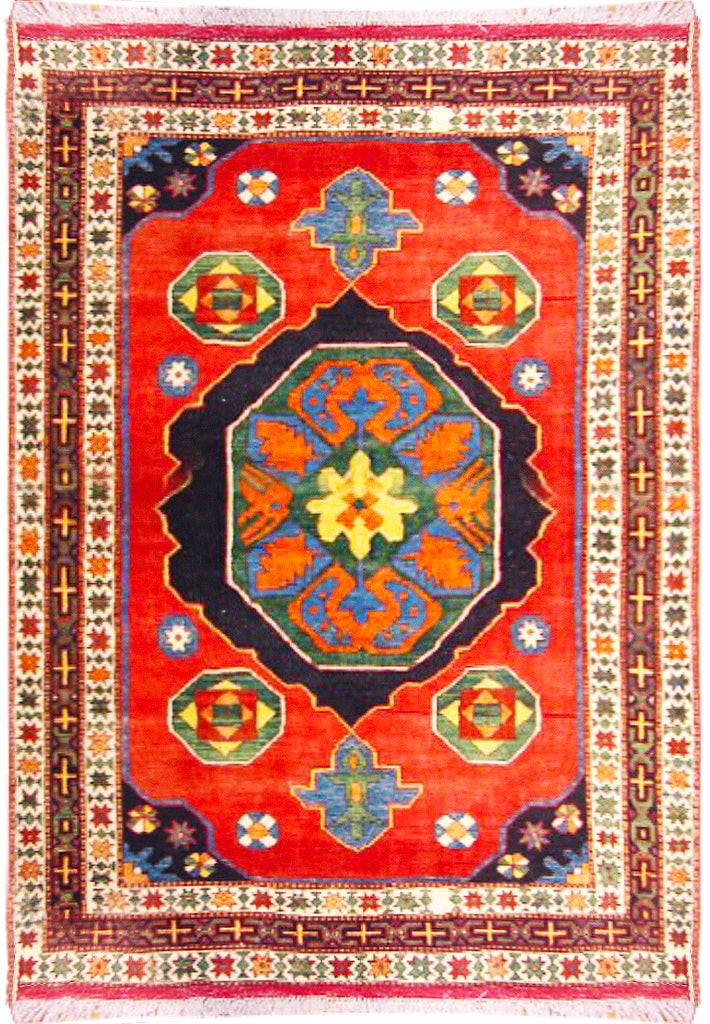 Vibrant 4'8 x 6' Handmade Kazak Rug Multi-Color Geometric Design: Vibrant 4'8 x 6' Handmade Kazak Rug Multi-Color Geometric Design Free continental US Shipping Enhance your living space with this stunning 4' 8" x 6' Kazak rug, a beautiful fusion of traditional craft
