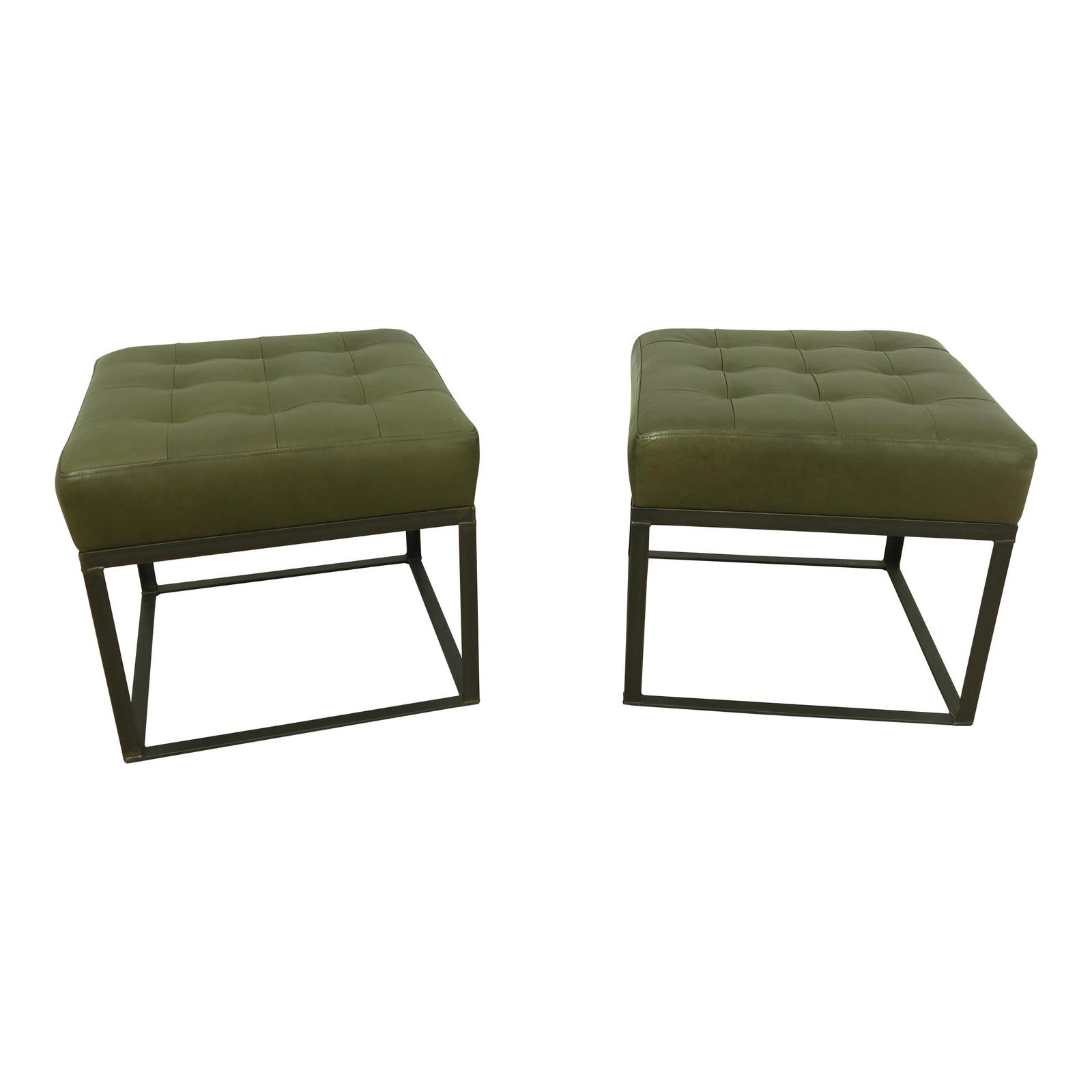 Pair of Industrial Modern Green Leather Stools with Iron Base: Pair of Industrial Modern Green Leather Stools with Iron Base This pair of modern design stools features a sturdy iron base complemented by high-quality green leather upholstery. With a stylish indust