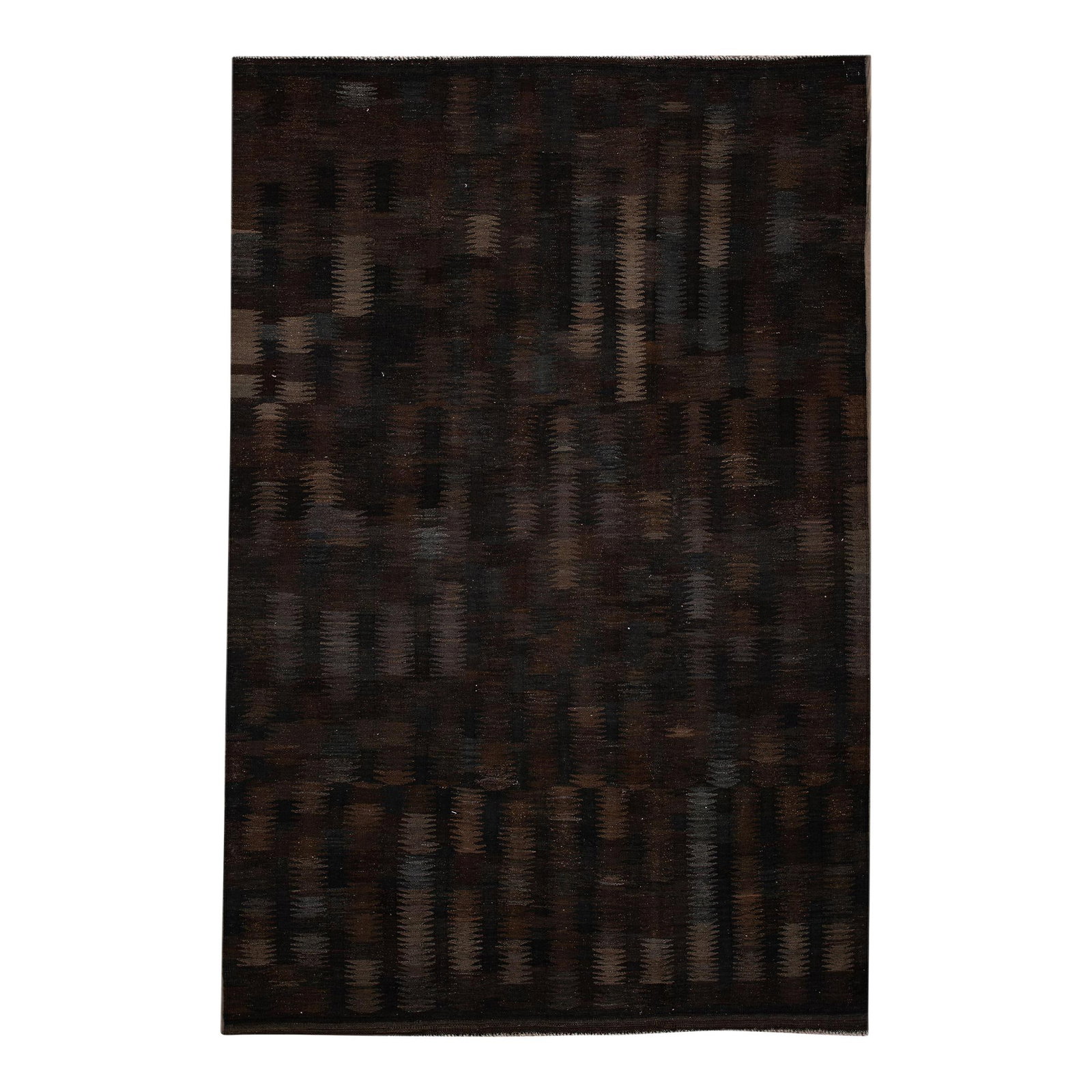 Handmade Black Geometric Wool Kilim Rug 6'8 x 10 Modern Design: Handmade Black Geometric Wool Kilim Rug 6'8 x 10 Modern Design Enhance your living space with this stunning modern Kilim handmade wool rug, featuring a striking black field adorned with vibrant multi-