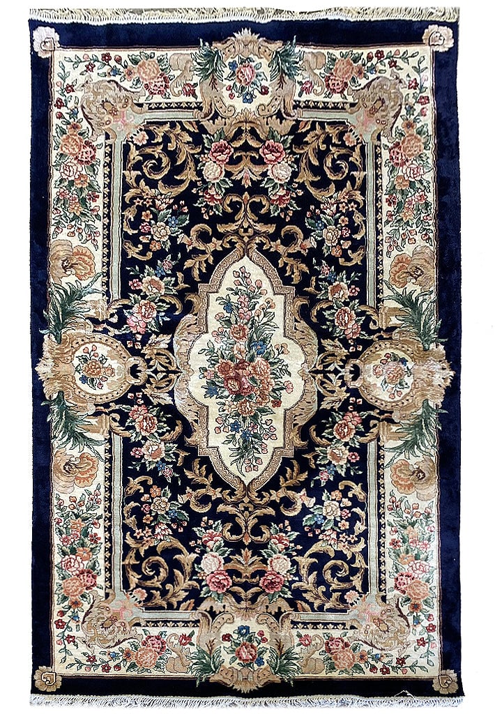 5' x 8' Handmade Bamboo Silk Aubusson Rug Black Floral Design: 5' x 8' Handmade Bamboo Silk Aubusson Rug Black Floral Design Free continental US Shipping Enhance your home with this stunning 5' x 8' Handmade Bamboo Silk Aubusson Rug in Navy Blue. Crafted from lux