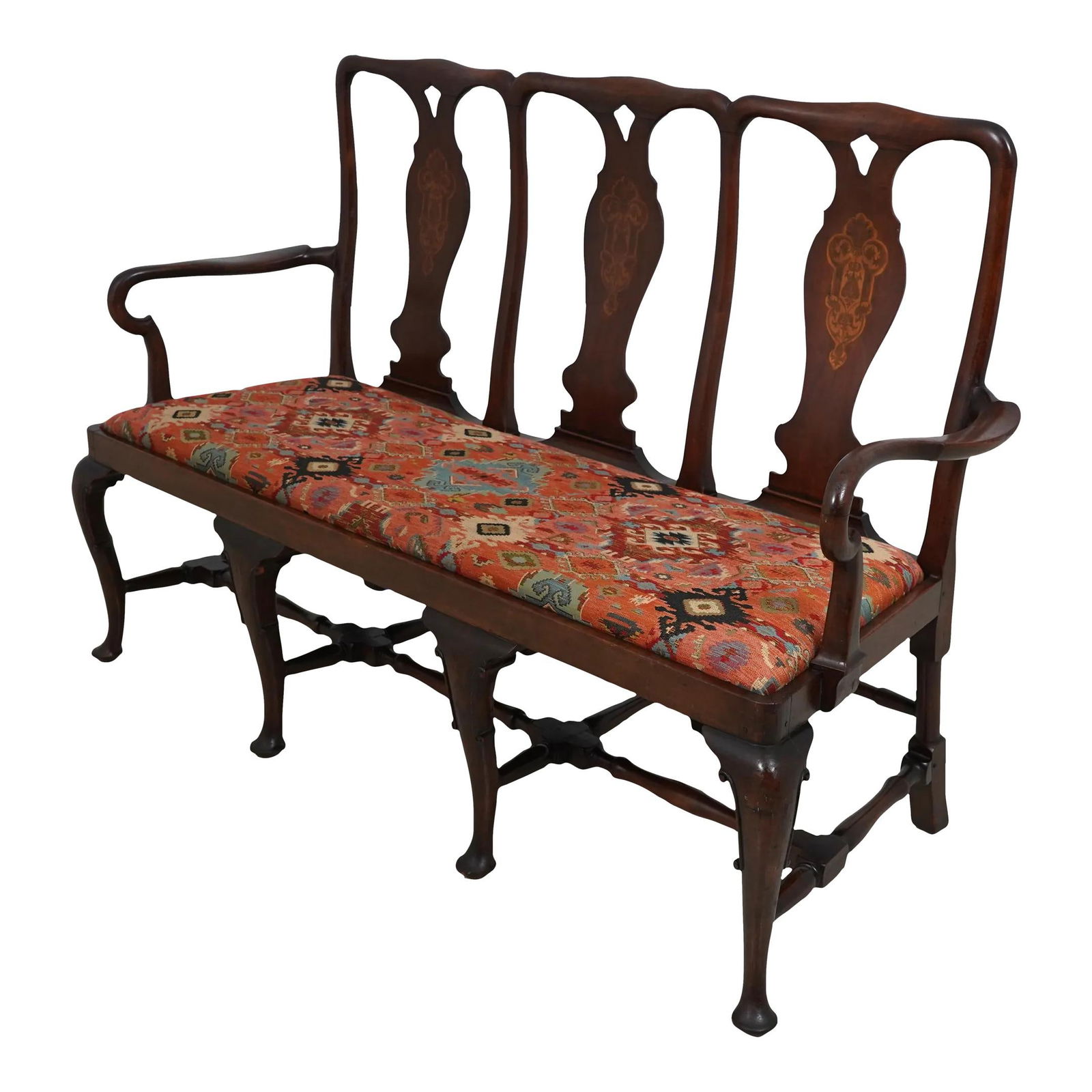 Vintage English Mahogany Queen Anne Style Settee with Inlay: Vintage English Mahogany Queen Anne Style Settee with Inlay This exquisite Antique Inlaid Mahogany Queen Anne Style Settee is a stunning piece that showcases approximately 100 years of craftsmanship.