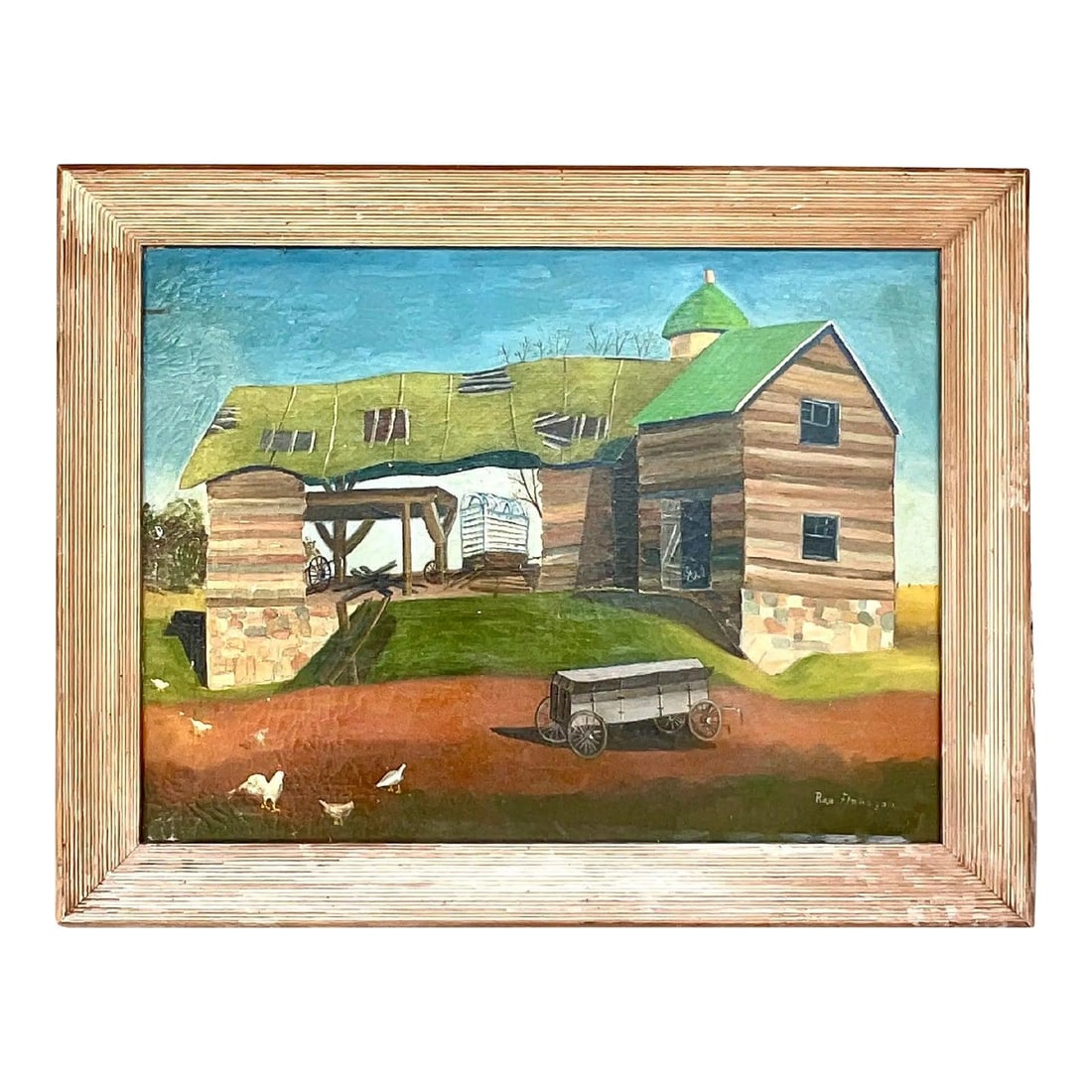 Signed Rustic Abstract Landscape Oil Painting Framed Vintage Boho Artwork: Signed Rustic Abstract Landscape Oil Painting Framed Vintage Boho Artwork This vintage abstract expressionist landscape oil painting features a depiction of a weathered barn and countryside elements,