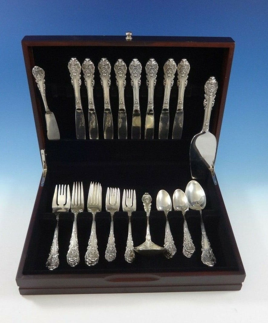 Wallace Sir Christopher Sterling Silver Flatware Set 37 Pieces with Storage Chest: Wallace Sir Christopher Sterling Silver Flatware Set 37 Pieces with Storage Chest This exquisite 37-piece flatware set, Sir Christopher by Wallace, showcases a stunning English Renaissance style inspi