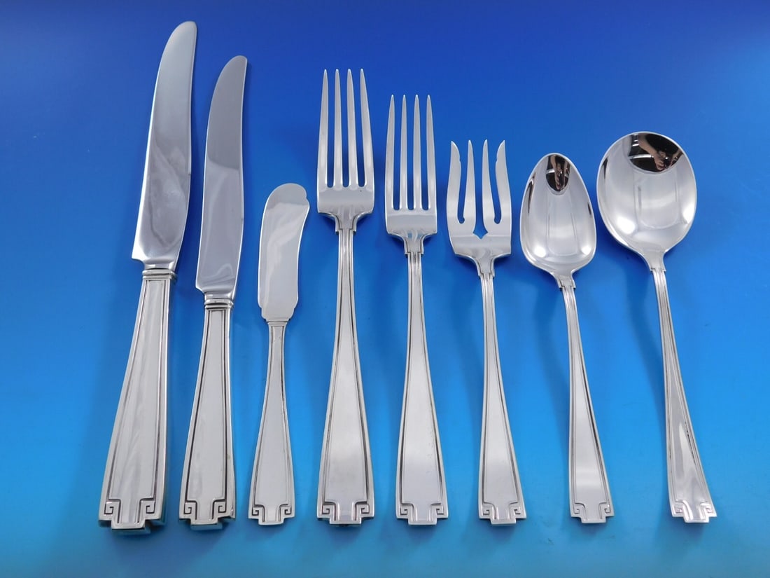 Gorham Etruscan Sterling Silver Flatware Set for 12 - 103 Pieces: Gorham Etruscan Sterling Silver Flatware Set for 12 - 103 Pieces Elevate your dining experience with this stunning Etruscan by Gorham Sterling Silver Flatware Service for 12. This monumental set, feat