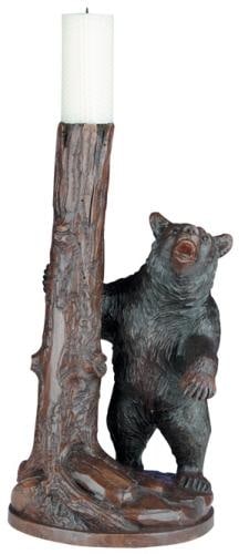 Hand-Painted Lodge Style Bear and Tree Sculpture Oxblood Red: Hand-Painted Lodge Style Bear and Tree Sculpture Oxblood Red This hand-painted sculpture features a bear and tree design, crafted with meticulous detail. Standing at 15 inches tall, the sculpture is m