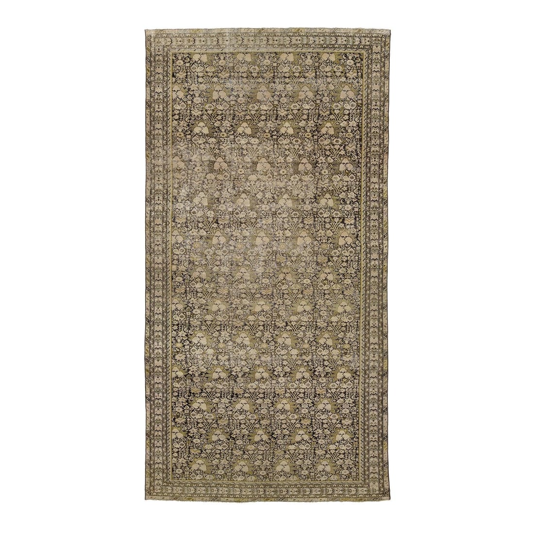Muted Brown Persian Malayer Wool Rug with Floral Lattice 8'6 x 16'7: Muted Brown Persian Malayer Wool Rug with Floral Lattice 8'6 x 16'7 This antique Malayer rug from Northwest Persia showcases a finely woven floral and vine lattice in muted beige, olive, and brown ton