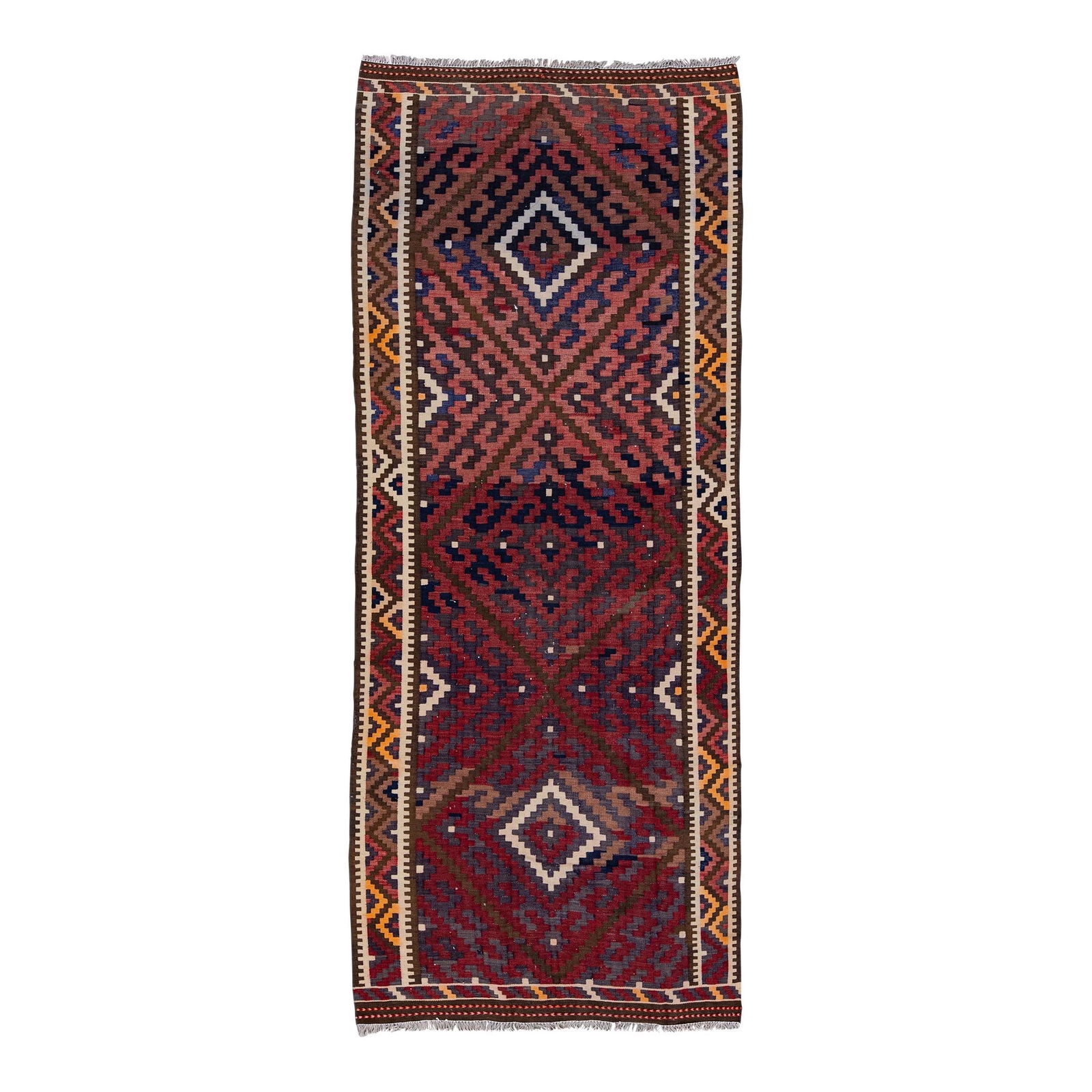 Vintage Kilim Red Wool Runner Geometric Flatweave 3'11 x 9'9: Vintage Kilim Red Wool Runner Geometric Flatweave 3'11 x 9'9 Add a touch of elegance to your space with this vintage Kilim handmade wool runner. Featuring a striking red field adorned with orange, blu