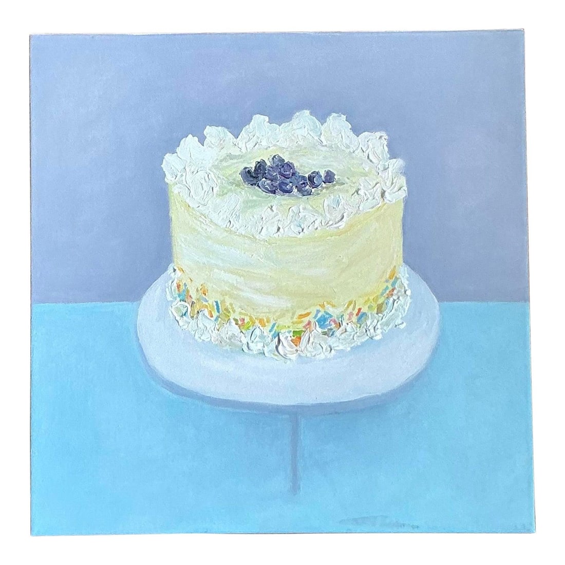 Vintage Boho Original Oil Painting of Frosted Cake on Canvas: Vintage Boho Original Oil Painting of Frosted Cake on Canvas This delightful original oil painting captures a sweet celebration with a charmingly frosted cake, rendered in thick, impasto brushstrokes