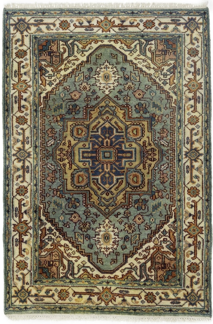 4'0 x 5'10 Hand-Knotted Wool Area Rug Geometric Heriz Serapi Design: 4'0 x 5'10 Hand-Knotted Wool Area Rug Geometric Heriz Serapi Design This handmade Heriz Serapi area rug features a striking geometric pattern in light blue-gray, cream, orange, beige, maroon, and ligh