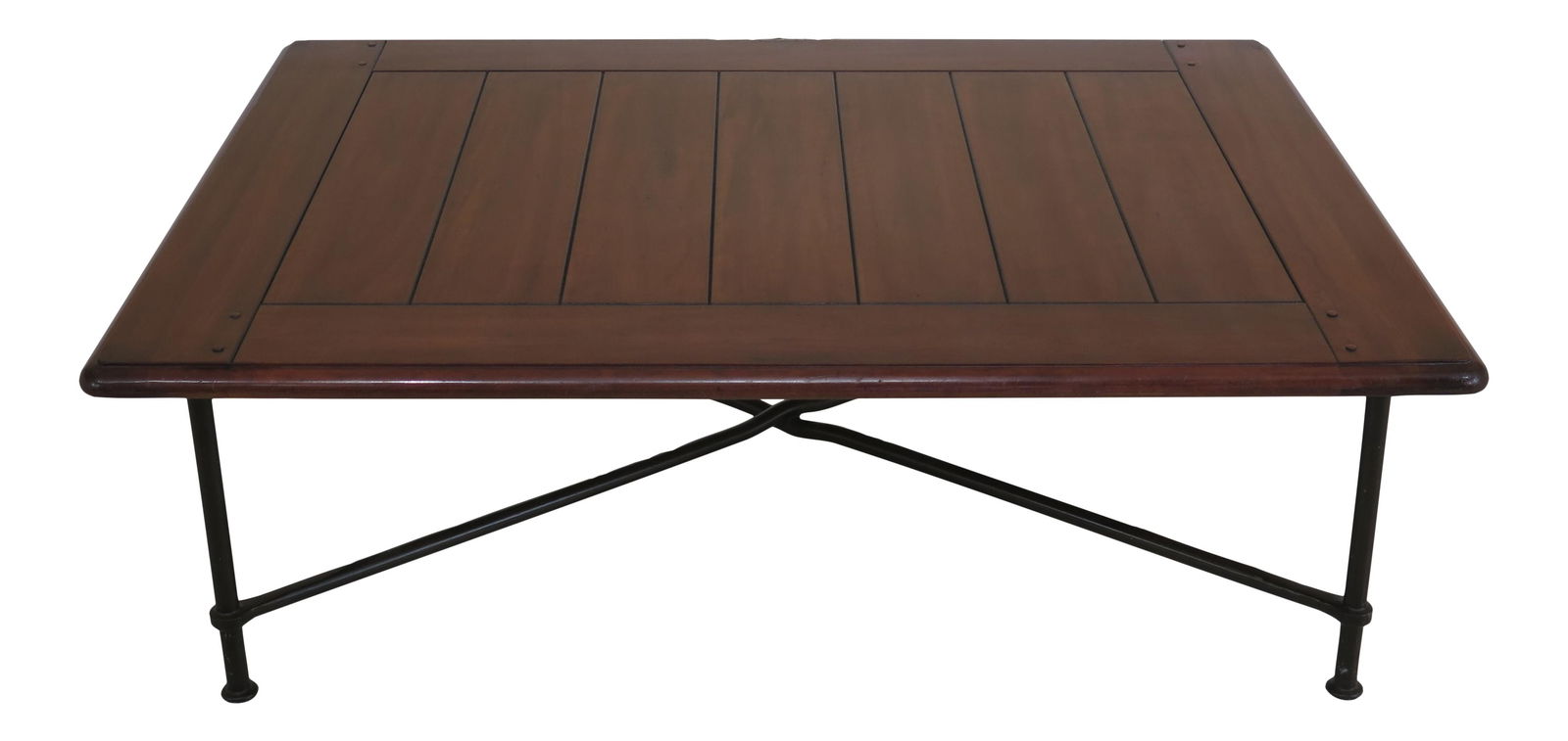 Elegant Cherry Wood Iron Base Coffee Table 54 x 40: Elegant Cherry Wood Iron Base Coffee Table 54 x 40 This elegant coffee table features a large cherry wood top complemented by a sturdy iron base, showcasing high-quality construction. The surface exhi