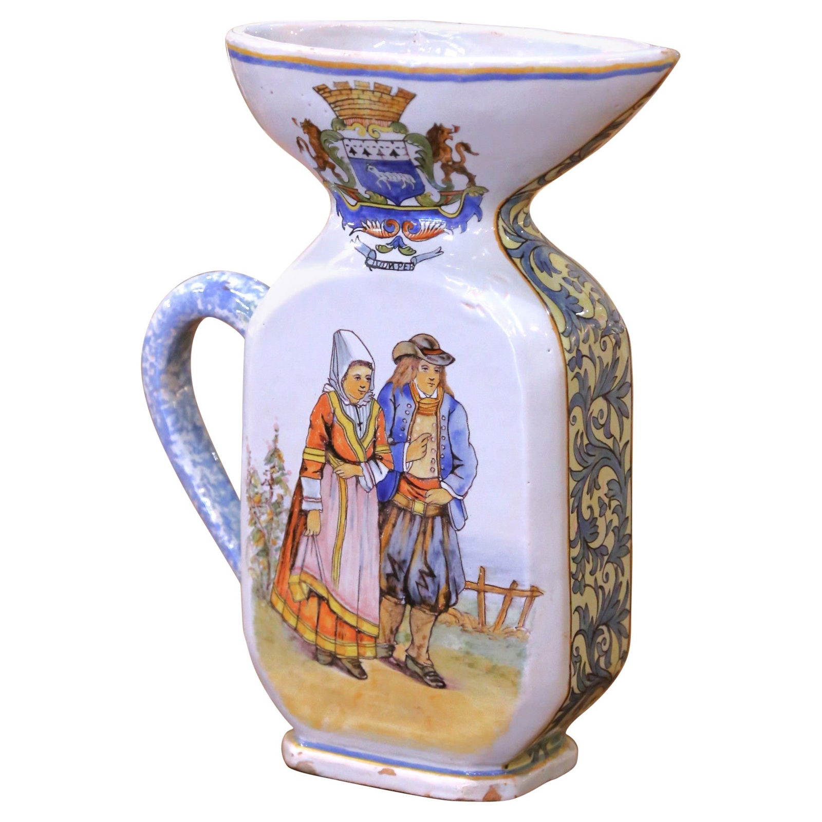Hand-Painted Quimper Faience Pitcher Vase with Breton Figures and Heraldic Crest: Hand-Painted Quimper Faience Pitcher Vase with Breton Figures and Heraldic Crest This antique pitcher-shaped vase was crafted in Brittany, France, around 1890 by Porquier-Beau. It features an octagona
