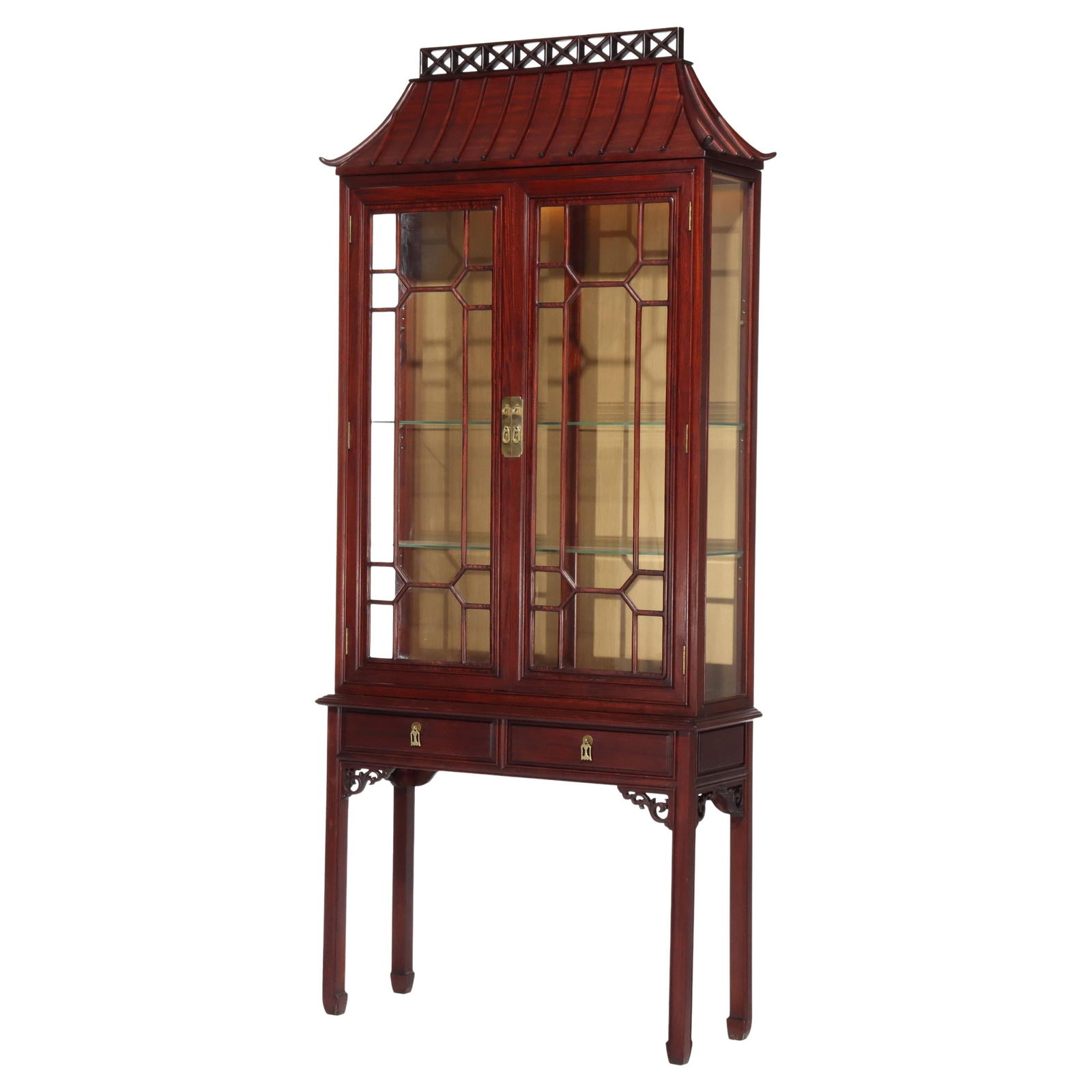 Three Section Hardwood Breakfront Cabinet With Brass Trim Chinese Chippendale c1930: Three Section Hardwood Breakfront Cabinet With Brass Trim Chinese Chippendale c1930 This early 20th-century Chinese Chippendale breakfront cabinet is a three-piece design featuring two doors and two d