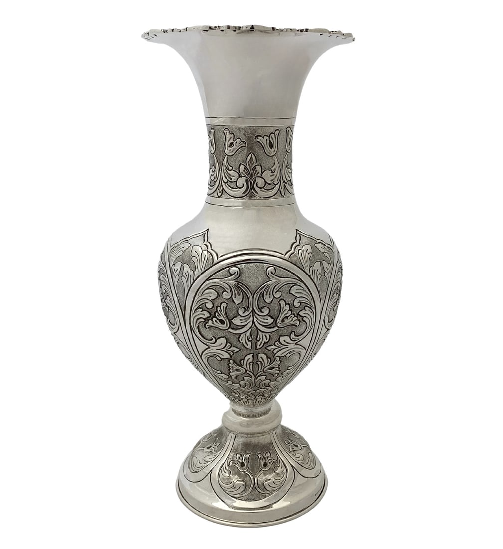 Handmade 925 Sterling Silver Ornate Flower Vase 14.75 Inches: Handmade 925 Sterling Silver Ornate Flower Vase 14.75 Inches This exquisite flower vase is crafted from fine 925 sterling silver, showcasing intricate handmade chased swirl designs that blend both orn