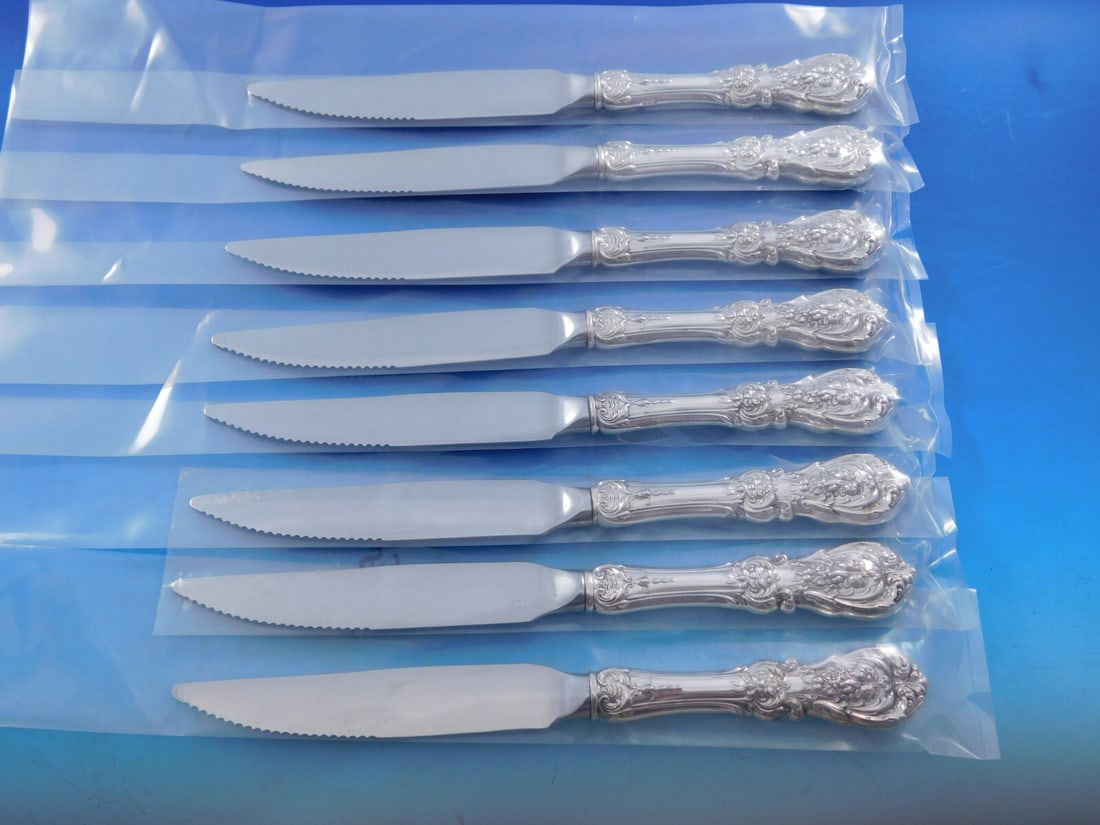 Reed & Barton Francis I Sterling Silver Steak Knife Set of 8 Custom 8.5 in: Reed & Barton Francis I Sterling Silver Steak Knife Set of 8 Custom 8.5 in This exquisite set of 8 steak knives from the renowned Reed & Barton features the elegant Francis I pattern. Crafted from hig