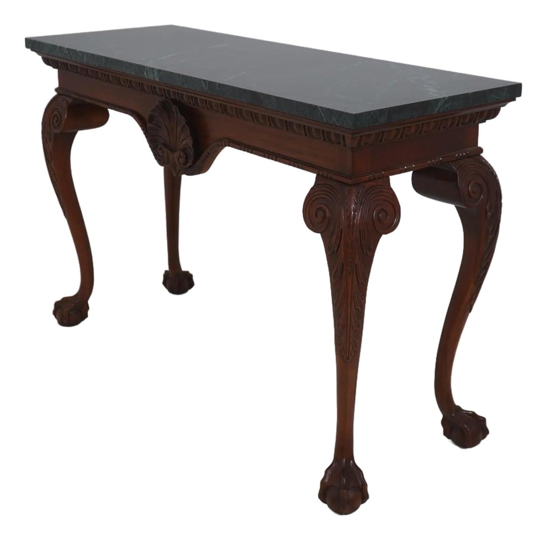 Georgian Style Console Table with Green Marble Top and Ball Claw Feet: Georgian Style Console Table with Green Marble Top and Ball Claw Feet This Georgian style console table features a quality construction with a green marble top and a brown finish. The table is finely