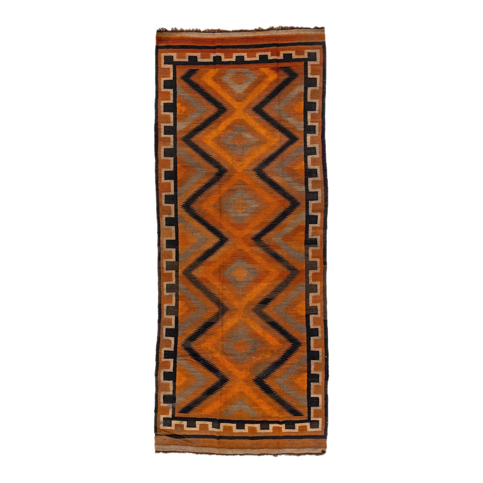 1960s Vintage Turkish Kilim Wool Rug Orange Geometric Design 4'7 x 11'3: 1960s Vintage Turkish Kilim Wool Rug Orange Geometric Design 4'7 x 11'3 Discover this stunning vintage Turkish Kilim rug, expertly hand-knotted from high-quality wool. Featuring a vibrant orange field