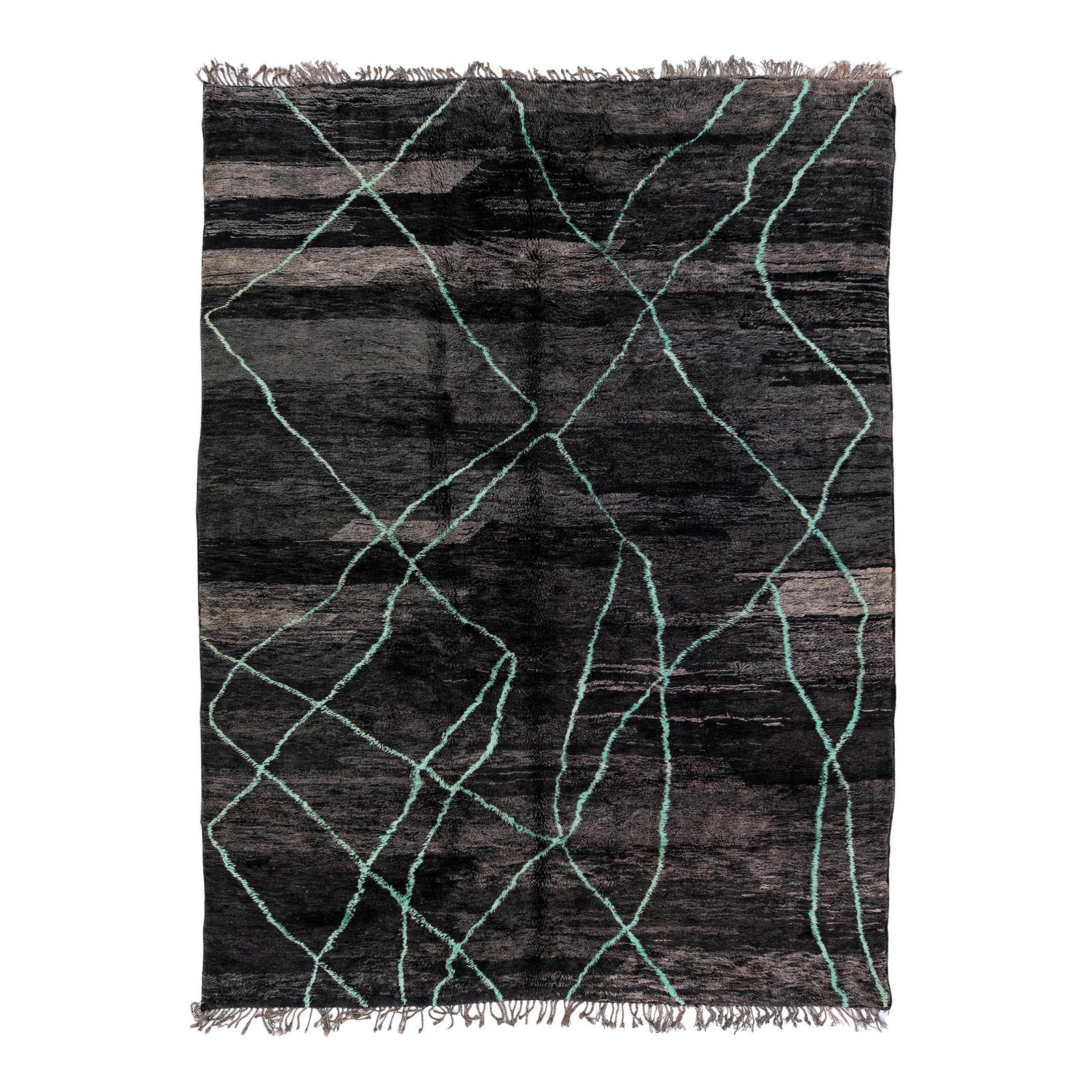 Modern Moroccan Black Wool Rug 8'6 x 11'6 Tribal Design: Modern Moroccan Black Wool Rug 8'6 x 11'6 Tribal Design Enhance your living space with this exquisite Moroccan hand-knotted wool rug. The rug features a striking black and gray field, accented with vi