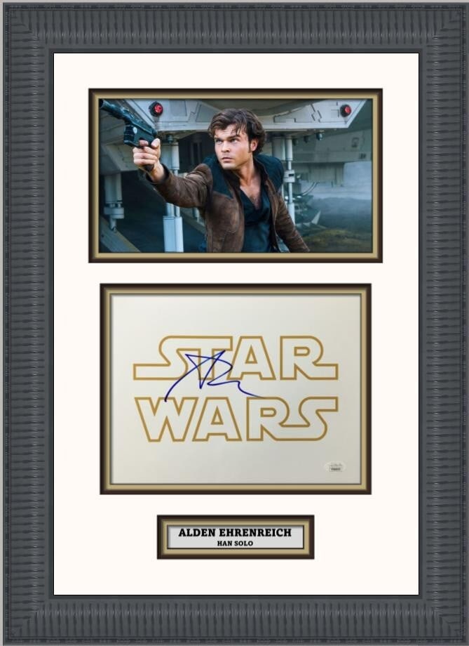Alden Ehrenreich Signed Han Solo Photo Custom Framed JSA Certification: Alden Ehrenreich Signed Han Solo Photo Custom Framed JSA Certification This stunning custom framed photograph features Alden Ehrenreich as Han Solo from the acclaimed film "Solo: A Star Wars Story." T