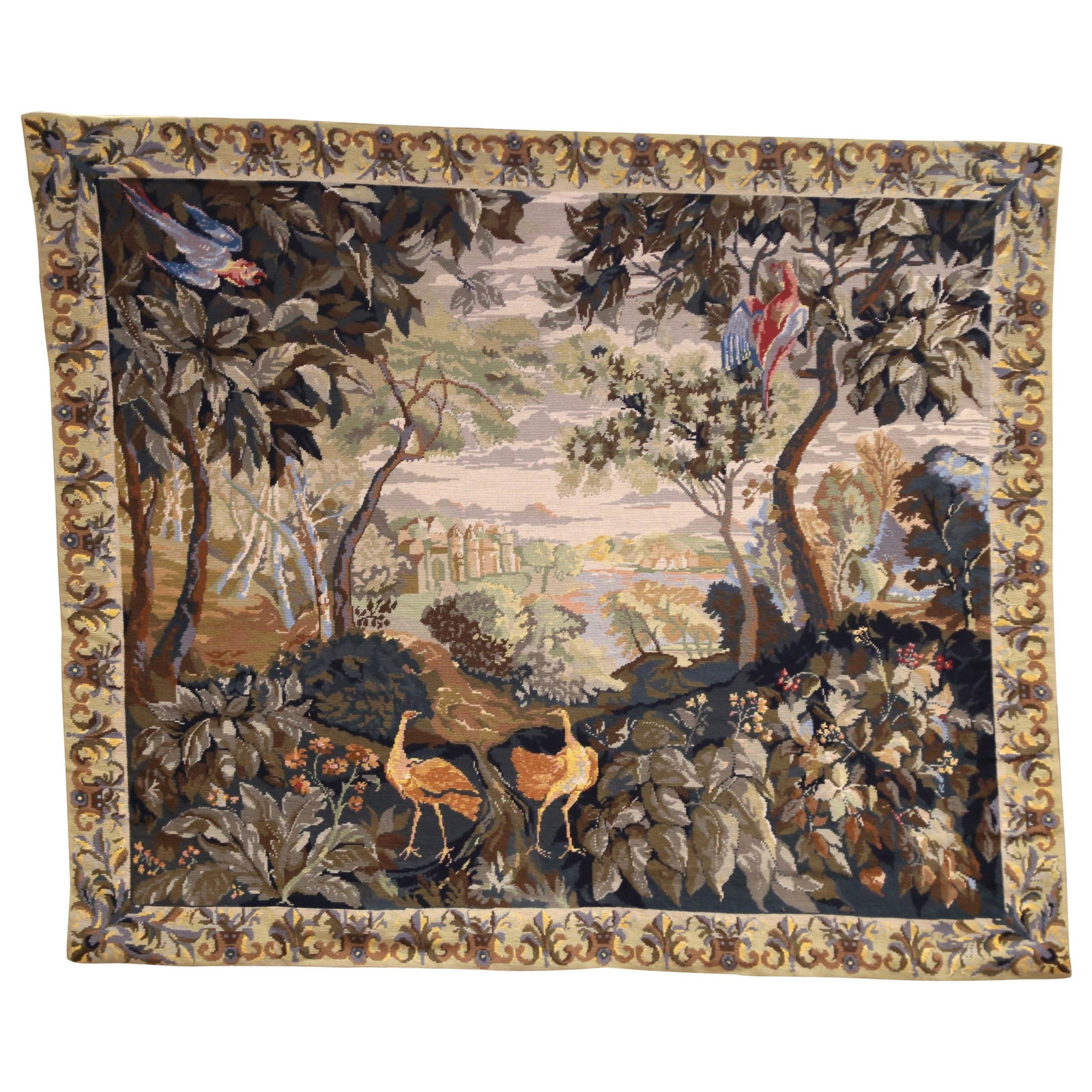 Early 20th Century French Aubusson Tapestry Birds Chateau 60x50: Early 20th Century French Aubusson Tapestry Birds Chateau 60x50 Enhance your decor with this stunning Early 20th Century French Aubusson tapestry, attributed to the renowned Aubusson Manufacture. This