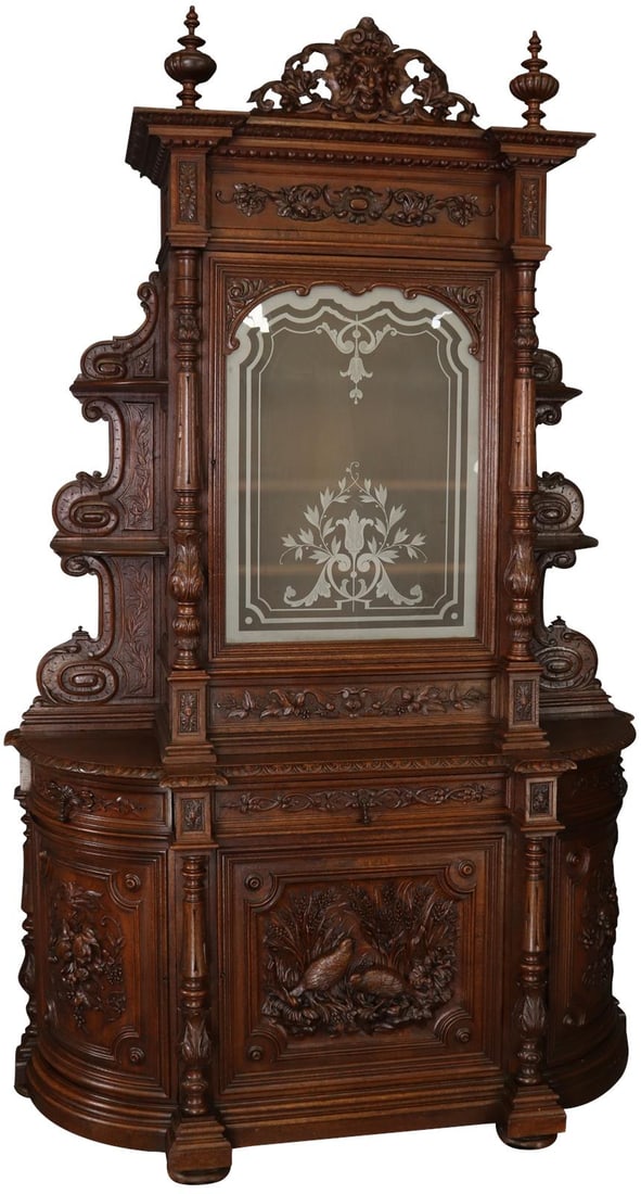 Dumarest French Renaissance Buffet 1880 Chestnut Oak Etched Glass: Dumarest French Renaissance Buffet 1880 Chestnut Oak Etched Glass This exquisite French Renaissance Hunting Buffet, crafted by Dumarest, showcases the intricate artistry of the Renaissance Revival sty