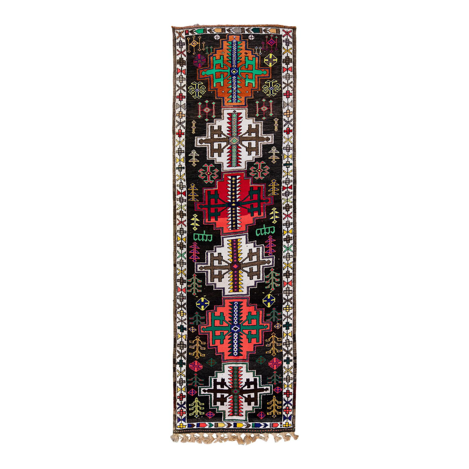 Vintage Turkish Hand-Knotted Wool Runner Multicolor Tribal Design 3'3" x 11'2": Vintage Turkish Hand-Knotted Wool Runner Multicolor Tribal Design 3'3" x 11'2" This stunning vintage Turkish hand-knotted wool runner rug features a rich brown field adorned with a white designed fram