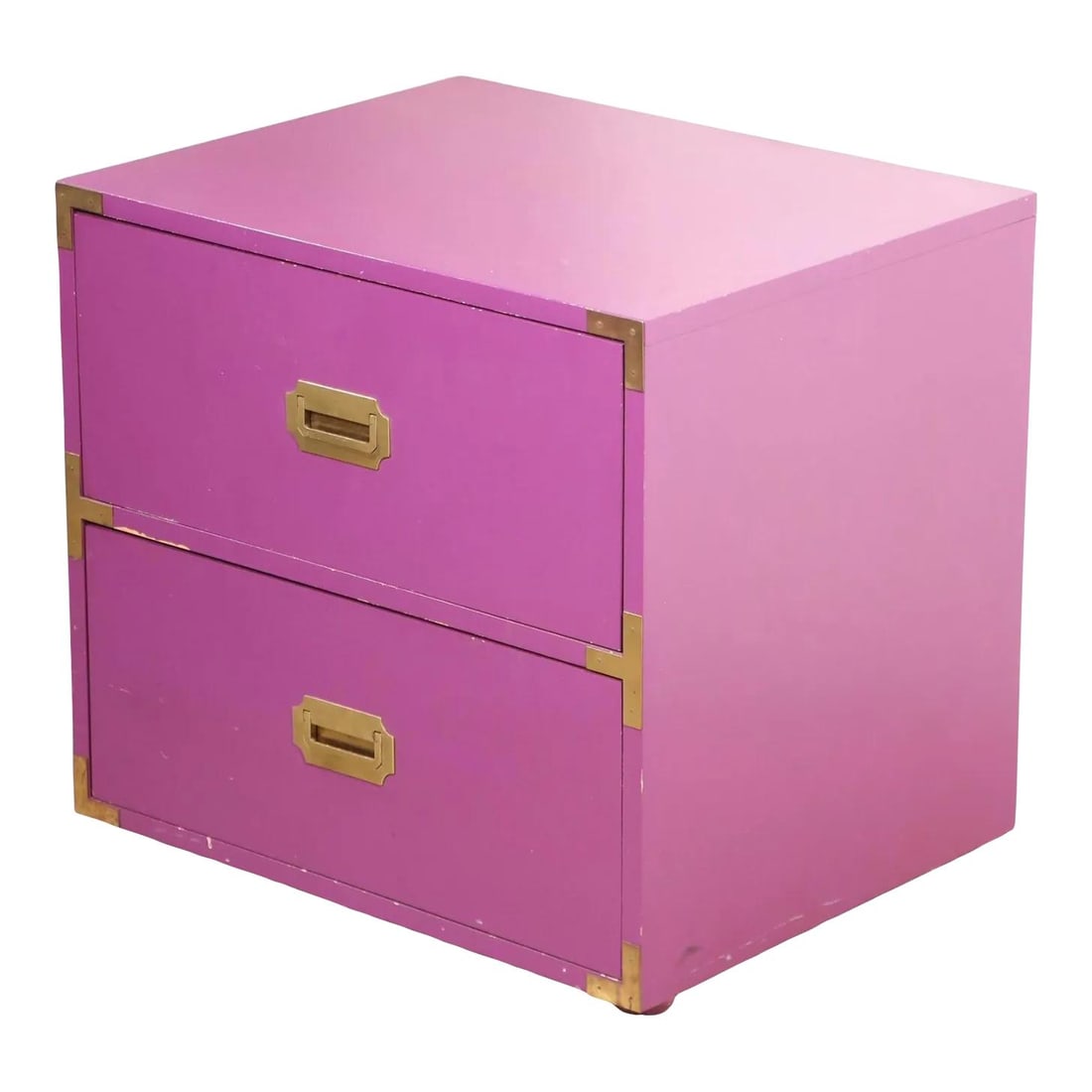 1970s Mod Swingers Nightstand by Schoolfield Industries Purple Brass Trim: 1970s Mod Swingers Nightstand by Schoolfield Industries Purple Brass Trim This chic two-drawer nightstand features a cube form and is finished in a vibrant original purple, complemented by decorative