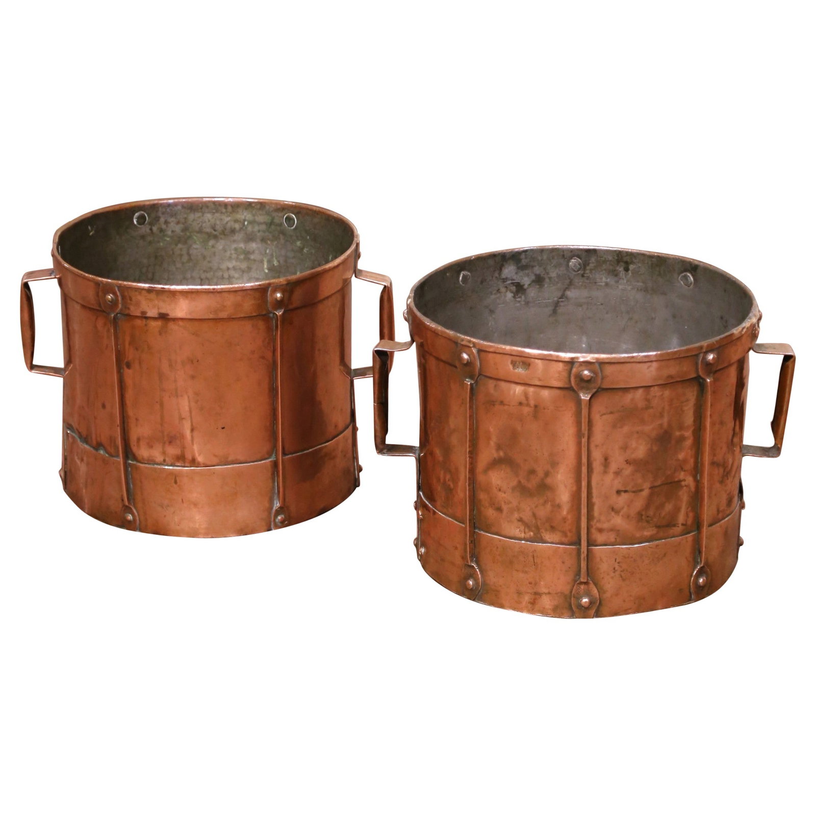 19th Century French Copper Grain Measure Buckets Set of 2: 19th Century French Copper Grain Measure Buckets Set of 2 This exquisite pair of 19th Century French copper grain measure buckets showcases the craftsmanship of the late 1800s. Each bucket features a