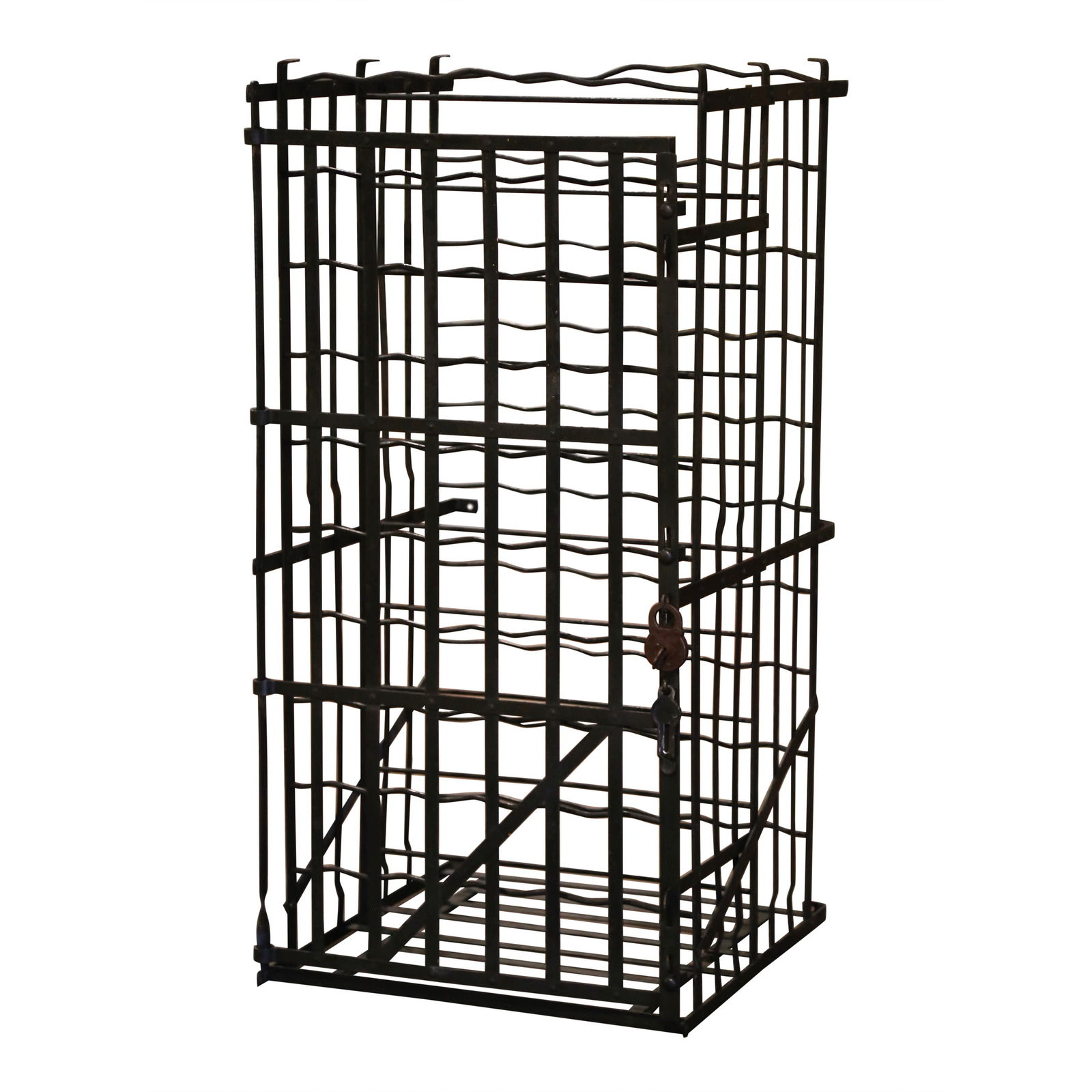 19th Century French Forged Iron Wine Cage 72-Bottle Burgundy with Lock: 19th Century French Forged Iron Wine Cage 72-Bottle Burgundy with Lock Preserve your finest vintages in this exquisite 19th Century French Iron Wine Cage, crafted in Burgundy around 1880. This elegant
