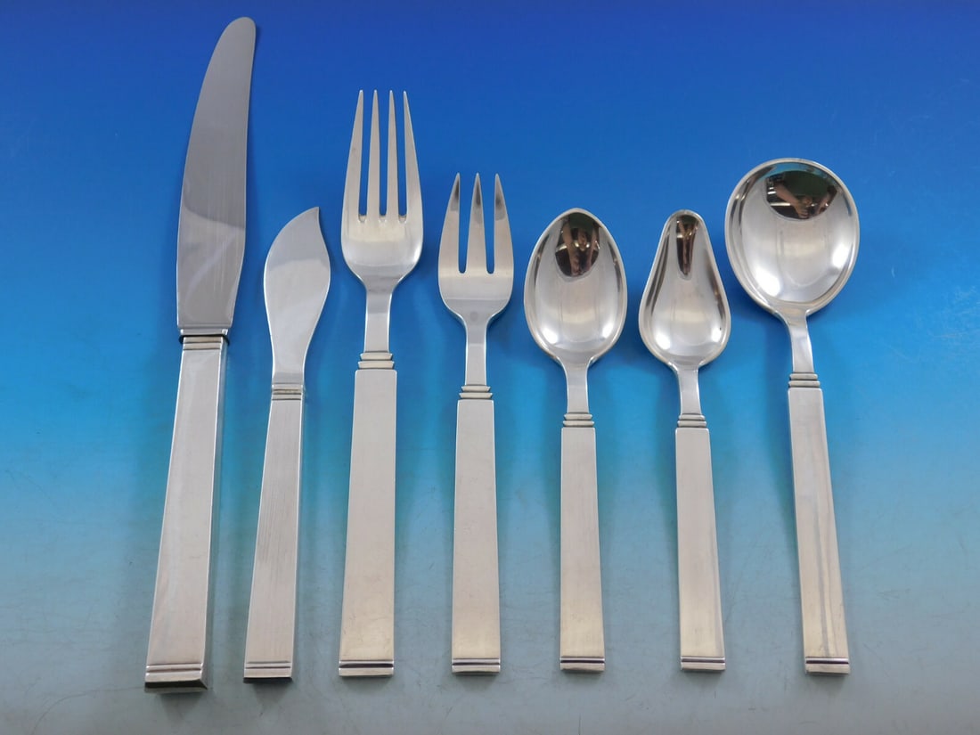 Sorensen Funkis III Danish Sterling Silver 67-Piece Flatware Set: Sorensen Funkis III Danish Sterling Silver 67-Piece Flatware Set Introducing the Funkis III by Sorensen, an exquisite Danish sterling silver flatware set that embodies Mid-Century Modern design. This
