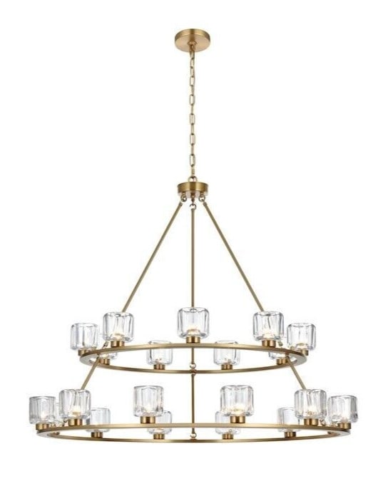 Elegant 21 Light Satin Gold Chandelier Cadence 48 Inch with Glass Shades: Elegant 21 Light Satin Gold Chandelier Cadence 48 Inch with Glass Shades Illuminate your space with this stunning 21-light chandelier, featuring a satin gold finish that adds a touch of elegance to an
