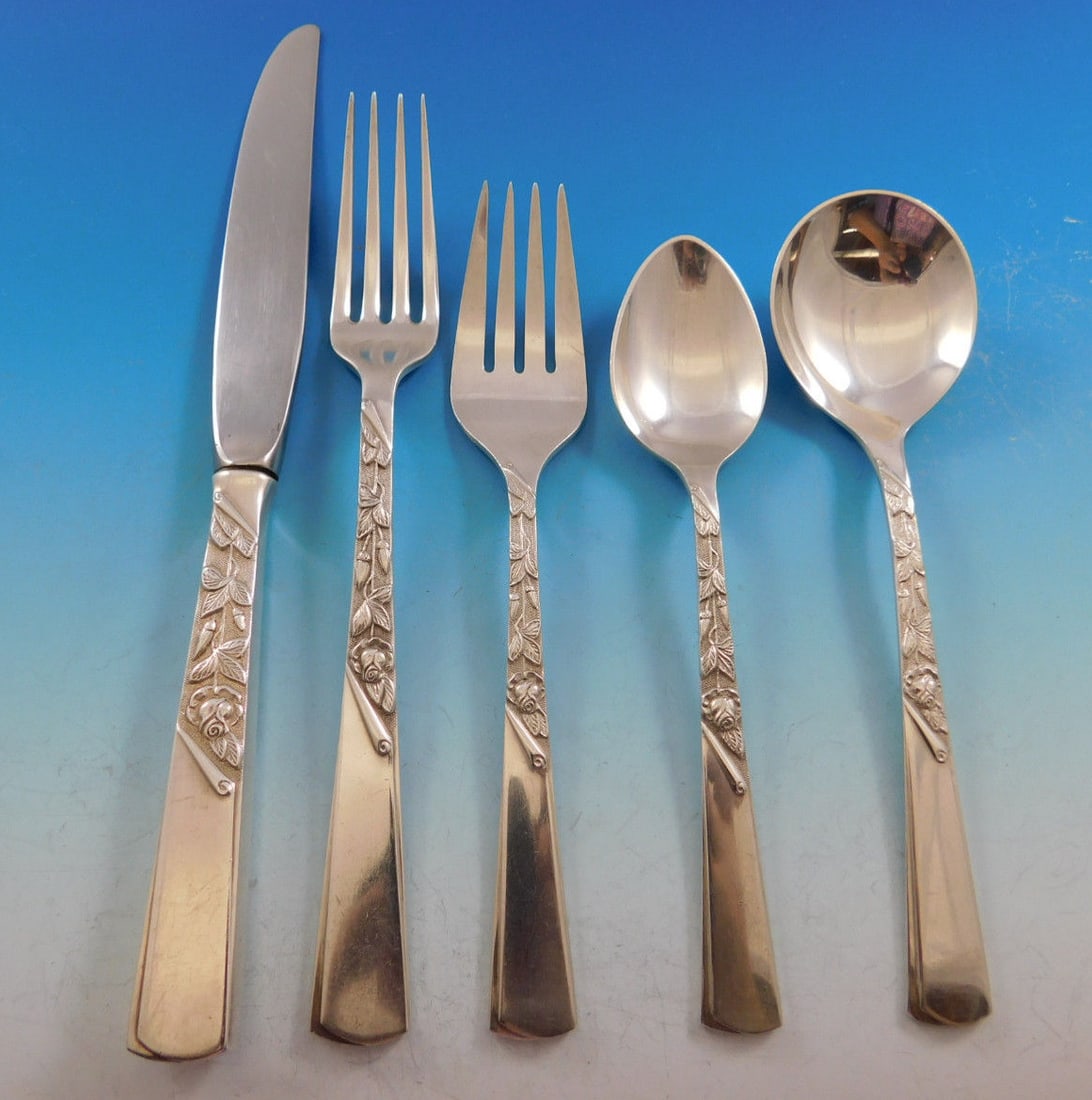 Stieff Rose Motif Sterling Silver Flatware Set for 8, 45 Pieces with Storage Chest: Stieff Rose Motif Sterling Silver Flatware Set for 8, 45 Pieces with Storage Chest This exquisite Rose Motif flatware set by Stieff is crafted from sterling silver and designed to serve 8, comprising