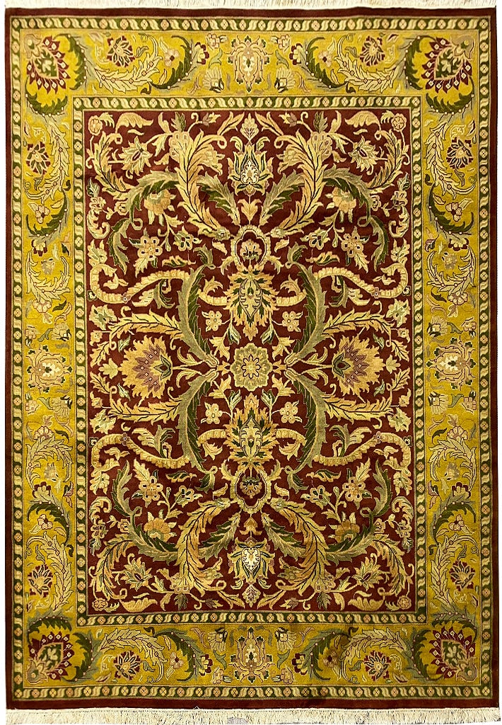 8 x 10 Handmade Wool Area Rug India Burgundy Gold Green: 8 x 10 Handmade Wool Area Rug India Burgundy Gold Green Free continental US Shipping Introducing the 8' x 10' Handmade India Quality Wool Rug, a stunning fusion of artistry and luxury. Crafted by skil