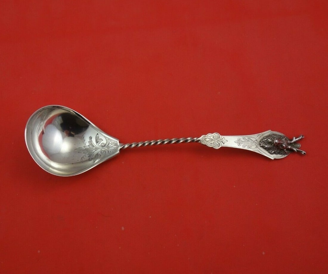 Saxon Stag Coin Silver Gravy Ladle 8 3/8 Bright-Cut Monogrammed: Saxon Stag Coin Silver Gravy Ladle 8 3/8 Bright-Cut Monogrammed This exquisite Saxon Stag gravy ladle is crafted from coin silver and features a bright-cut design. Measuring 8 3/8 inches, it showcases