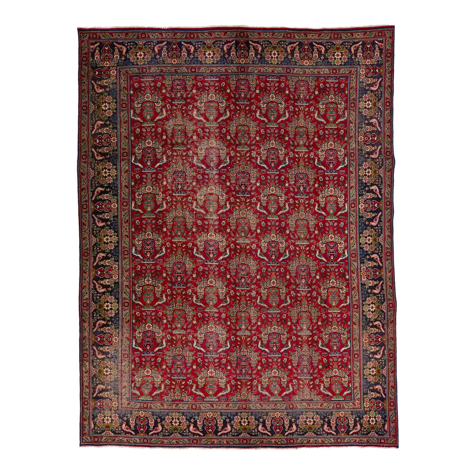 Antique Persian Tabriz Handmade Wool Rug Red Floral 9'8 x 12'9: Antique Persian Tabriz Handmade Wool Rug Red Floral 9'8 x 12'9 This exquisite 20th Century Antique Persian Tabriz rug showcases a stunning red wool field adorned with a beautiful all-over floral patte