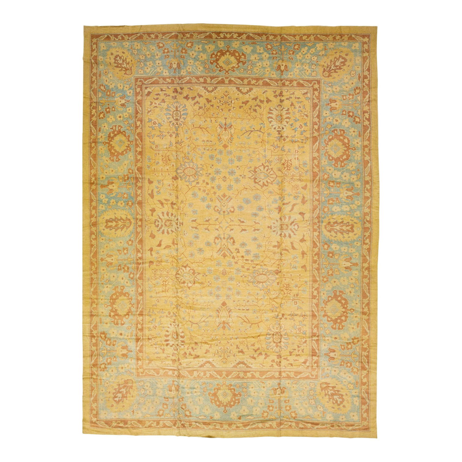 Modern Turkish Oushak Wool Rug Goldenrod Floral Design 14'6 x 20'2: Modern Turkish Oushak Wool Rug Goldenrod Floral Design 14'6 x 20'2 Elevate your living space with this stunning Modern Turkish hand-knotted wool rug, featuring a vibrant goldenrod color field. The int