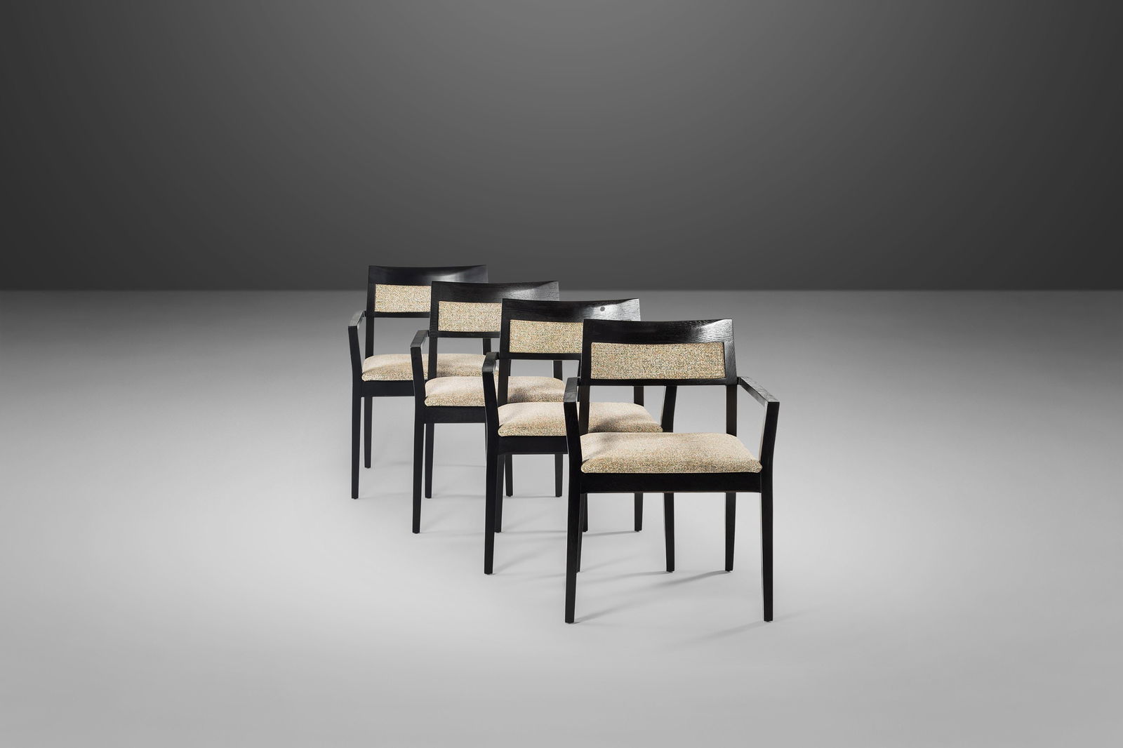 Set of 4 Krusin Armchairs Ebonized Oak by Marc Krusin for Knoll: Set of 4 Krusin Armchairs Ebonized Oak by Marc Krusin for Knoll This set of four Krusin armchairs, crafted in ebonized oak by Marc Krusin for Knoll, showcases a beautiful style and comfortable seating
