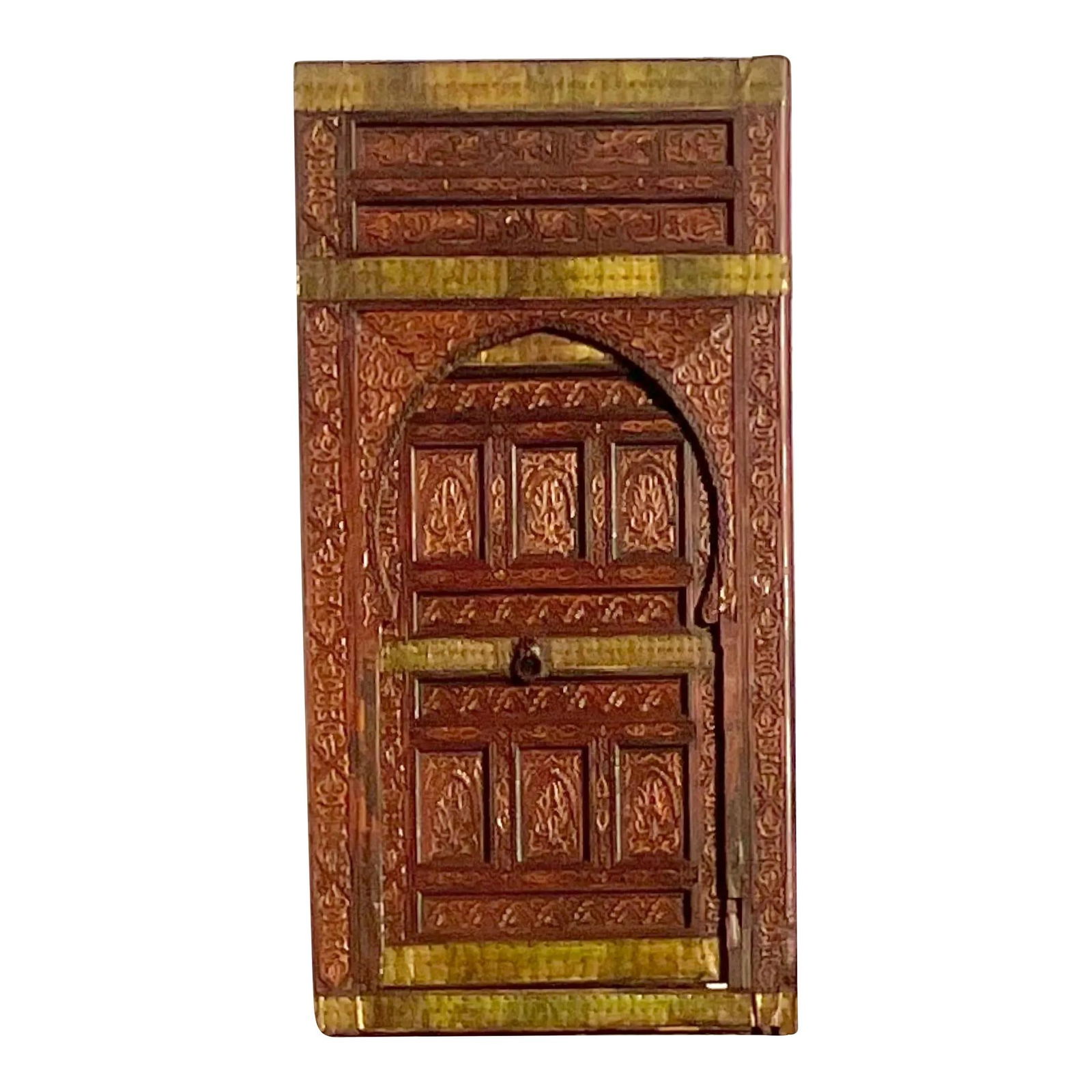 Vintage Boho Moroccan Wooden Door with Brass Accents 49x96: Vintage Boho Moroccan Wooden Door with Brass Accents 49x96 Transform your interior with the exotic charm of this Vintage Boho Moroccan Carved Wooden Door. Showcasing exquisite Moroccan craftsmanship,