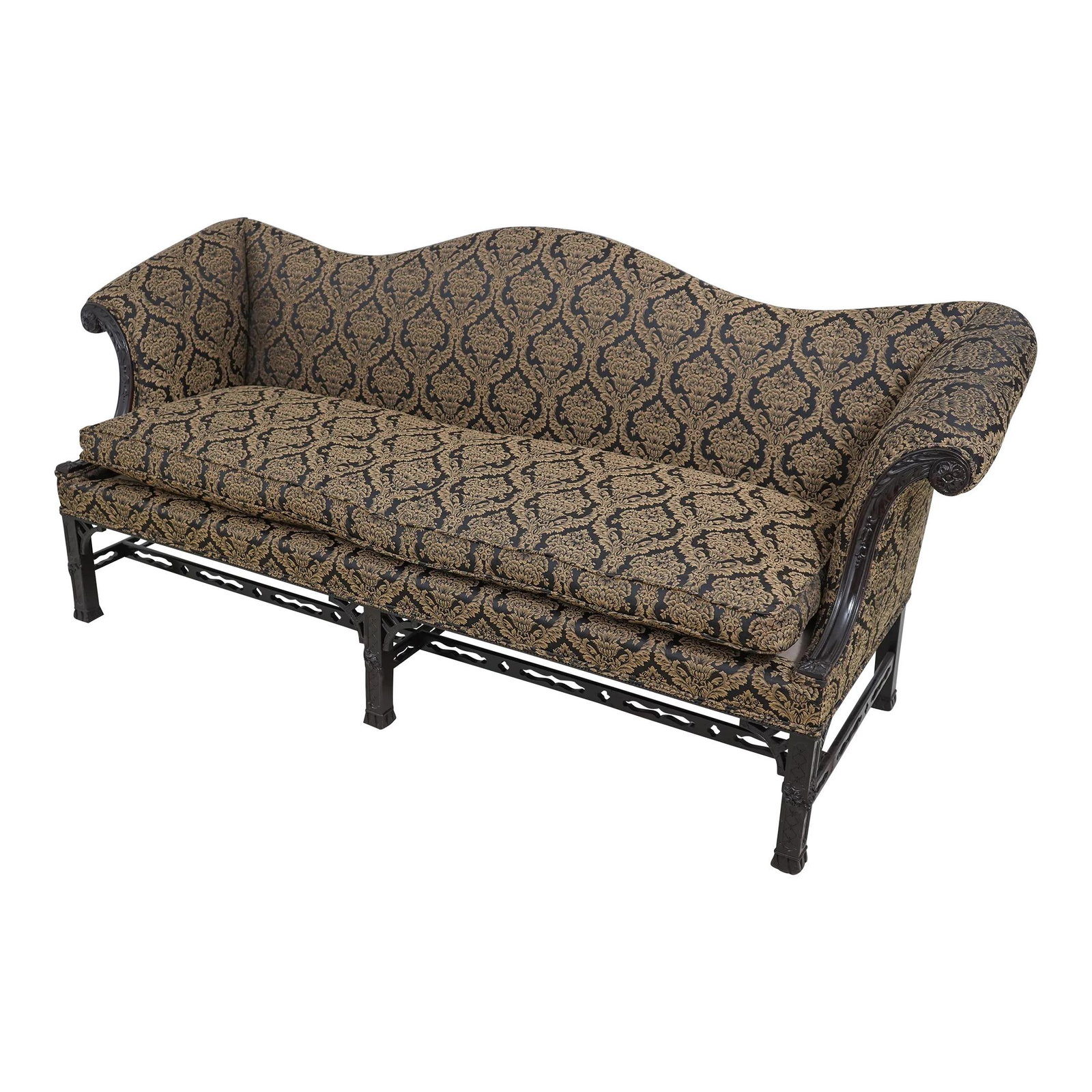 Antique Chippendale Camelback Sofa Professionally Restored Black Gold Upholstery (1 of 10)