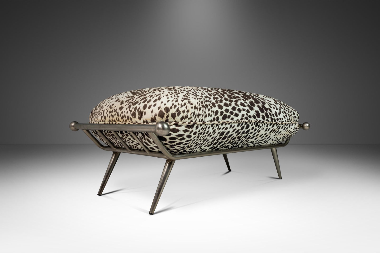Milo Baughman 1980s Animal Print Ottoman Bench for Carson's USA: Milo Baughman 1980s Animal Print Ottoman Bench for Carson's USA This exquisite Mid-Century Modern ottoman/bench, designed by Milo Baughman for Carson's in the 1980s, features a striking animal print t