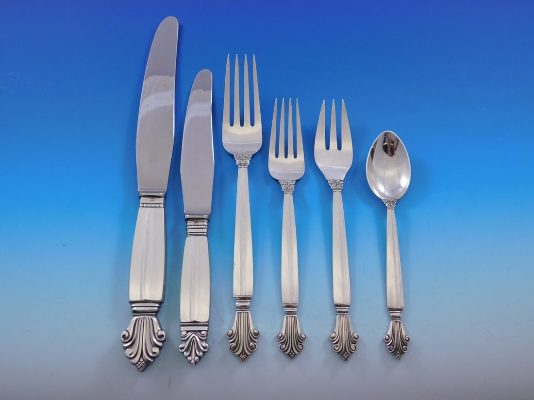 Georg Jensen Acanthus 48 Piece Sterling Silver Flatware Set with Storage Chest: Georg Jensen Acanthus 48 Piece Sterling Silver Flatware Set with Storage Chest Discover the elegance of the Acanthus flatware set by Georg Jensen, crafted from high-quality sterling silver. This excep