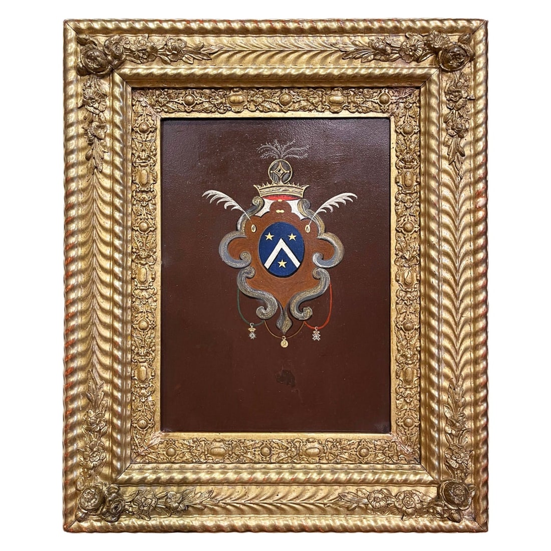 Early 19th Century French Hand-Painted Crest in Gilt Frame: Early 19th Century French Hand-Painted Crest in Gilt Frame Enhance your office or study with this stunning early 19th century French wall decor. Crafted around 1830, this exquisite piece features a ha