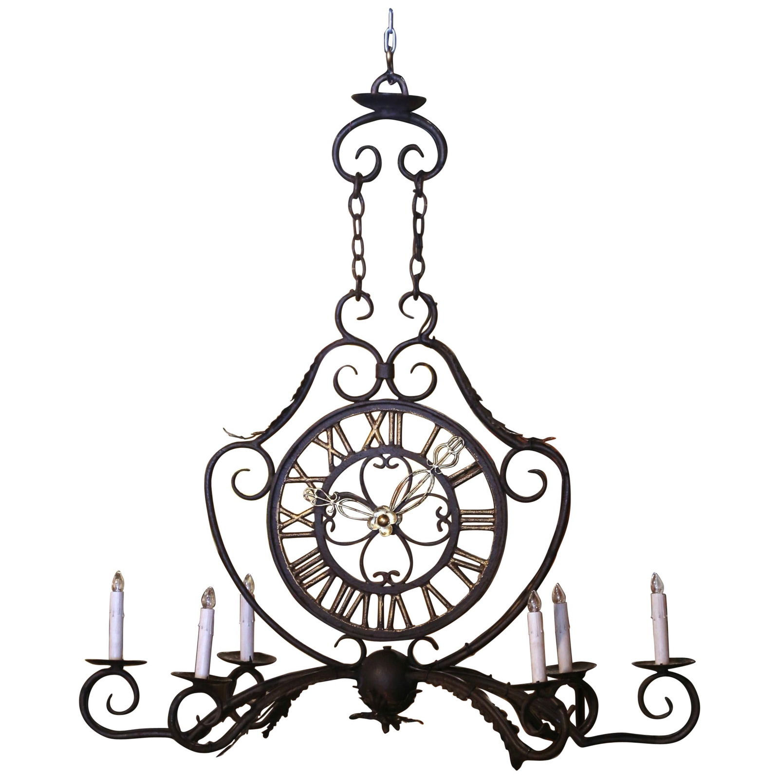 Antique French Louis XV Clock Chandelier Six-Light Iron Fixture circa 1920: Antique French Louis XV Clock Chandelier Six-Light Iron Fixture circa 1920 This exquisite Early 20th Century French chandelier brings a touch of elegance to any space. Crafted circa 1920, this hand-pa