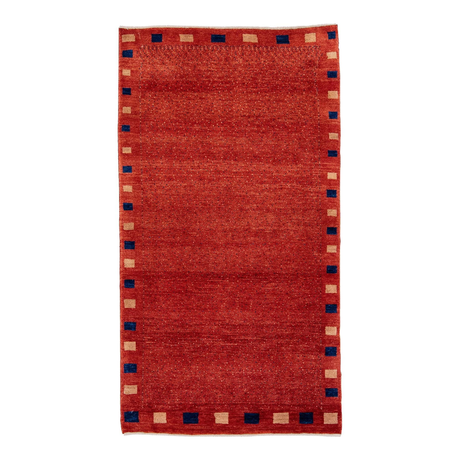 Red Gabbeh Handmade Wool Rug Minimalist Design 3'5 x 6'4: Red Gabbeh Handmade Wool Rug Minimalist Design 3'5 x 6'4 Enhance your space with this beautiful modern Gabbeh hand-knotted wool rug featuring a striking red field. Accented with elegant beige and blue