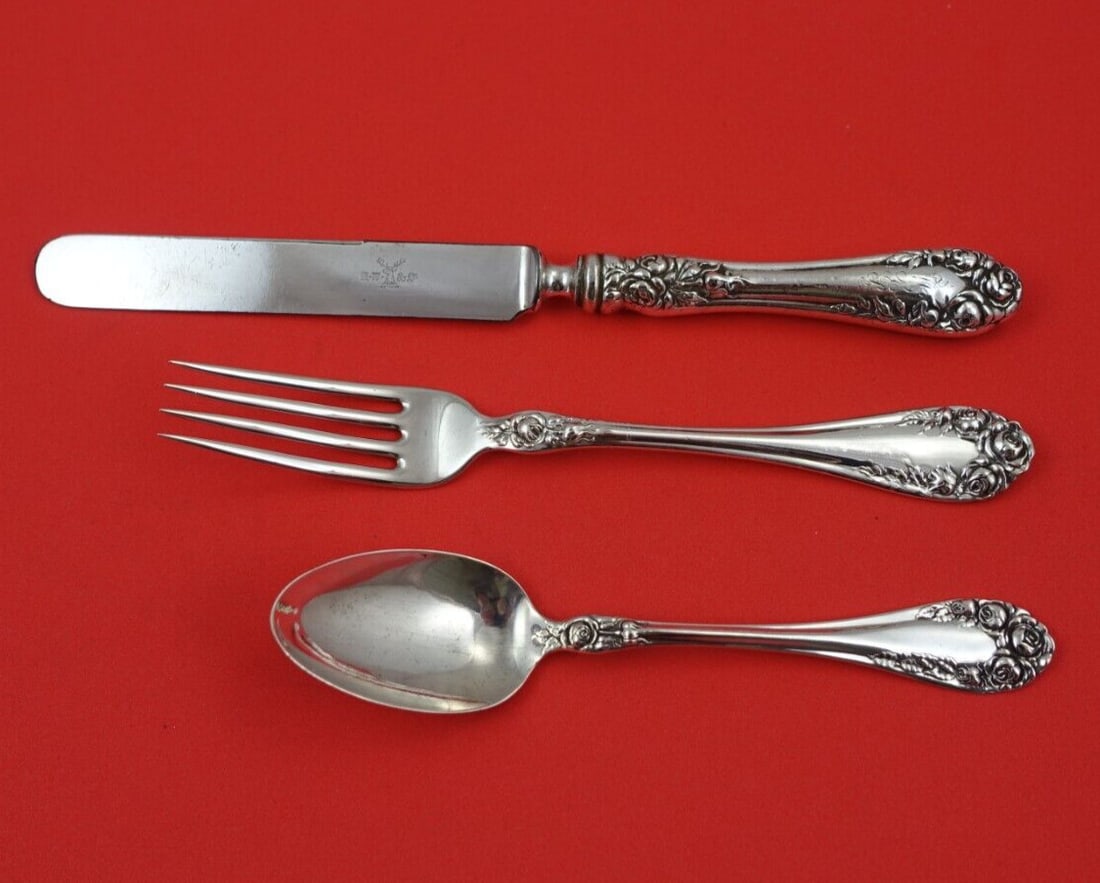 Wallace Rose Sterling Silver 3pc Junior Heirloom Silverware Set: Wallace Rose Sterling Silver 3pc Junior Heirloom Silverware Set This exquisite 3-piece Junior Set of heirloom silverware features the elegant "Rose" pattern by Wallace, crafted from high-quality sterl