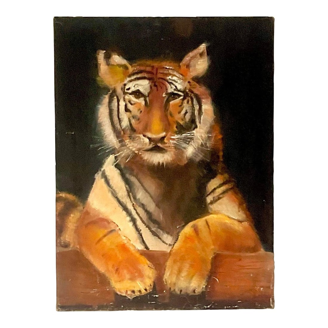 Late 20th Century Signed Regal Tiger Painting on Canvas: Late 20th Century Signed Regal Tiger Painting on Canvas Enhance your decor with this stunning late 20th-century vintage painting featuring a regal tiger. This signed original artwork elegantly capture
