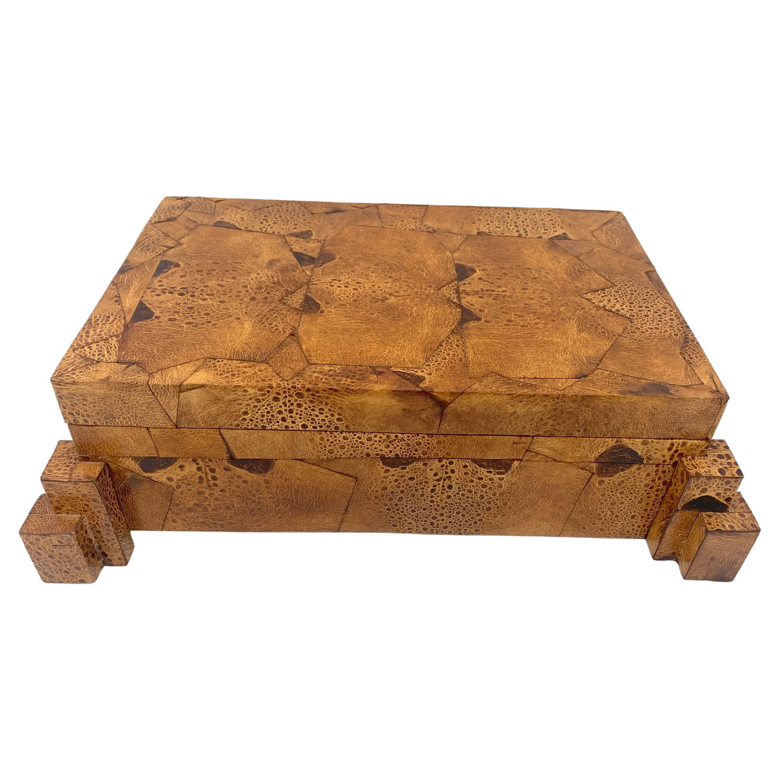 1970s Karl Springer Style Frog Skin Leather Asymmetrical Table Box: 1970s Karl Springer Style Frog Skin Leather Asymmetrical Table Box Elevate your decor with this captivating Exotic 1970s Frog Skin-Leather Asymmetrical Table Box, inspired by the iconic style of Karl