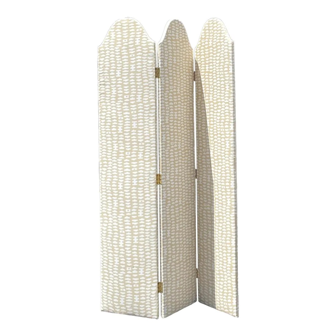 Vintage Boho Upholstered Folding Screen 3 Panel Ivory Fabric: Vintage Boho Upholstered Folding Screen 3 Panel Ivory Fabric Enhance your living space with this Vintage Boho Upholstered Folding Screen, a perfect blend of modern bohemian style and classic vintage e