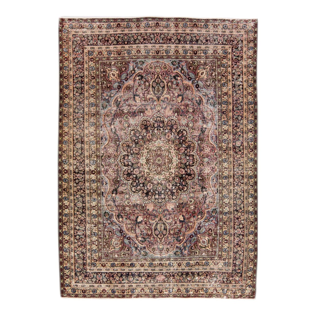 Vintage Persian Hand-Knotted Wool Rug Pink Brown Rosette 7'4 x 10'2: Vintage Persian Hand-Knotted Wool Rug Pink Brown Rosette 7'4 x 10'2 Discover the charm of this 1960s Vintage Distressed Pink Handmade Rosette Wool Rug, featuring a stunning light pink and brown field