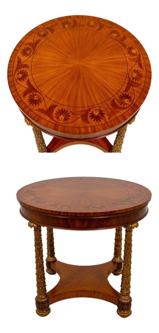 Round Mahogany Center Table with Brass Palm Tree Legs: Round Mahogany Center Table with Brass Palm Tree Legs This round center table features a mahogany top with intricate inlay work and a brass base with palm tree-inspired legs. The table is approximatel